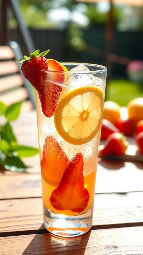 Refreshing Tom Collins Twist A refreshing Tom Collins cocktail with lemon and strawberry garnish on a rustic table.